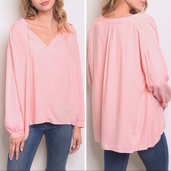 entro Tops - Pale Pink Entro Tunic Relaxed Fit Hi-Lo Hem Necktie Long Sleeve Classic
